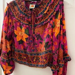 Farm Rio Floral Ruffle-Neck Blouse